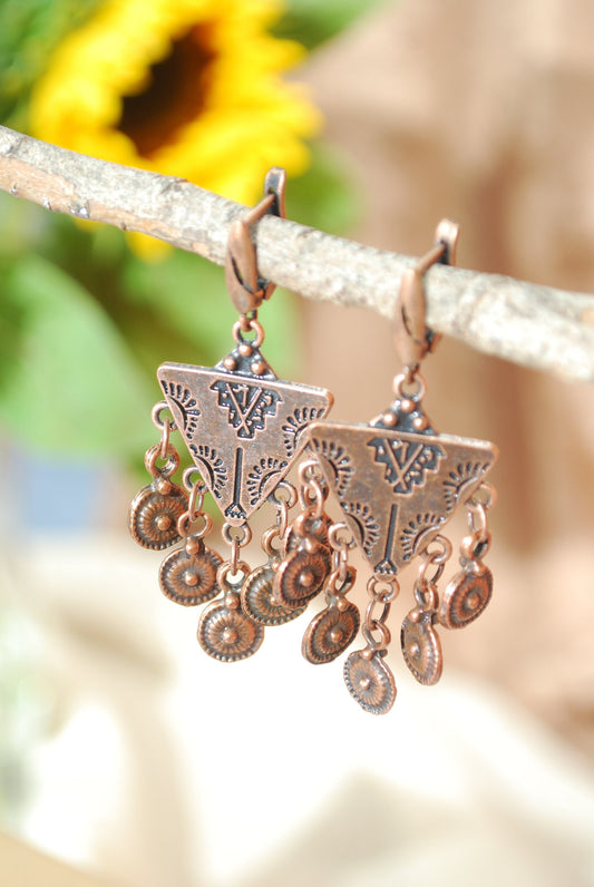Triangle stylish exclusive festival earrings, Gypsy folk copper earrings, Estibela design, length 5,5 cm, 2.2"