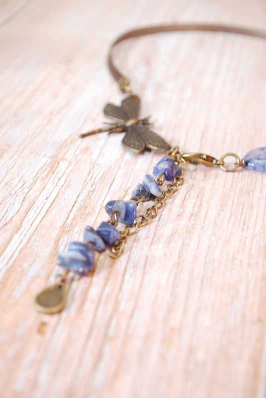 Dragonfly leather choker, blue dragon agate oval beads necklace, sodalite  beads choker, Y or Lariat necklace