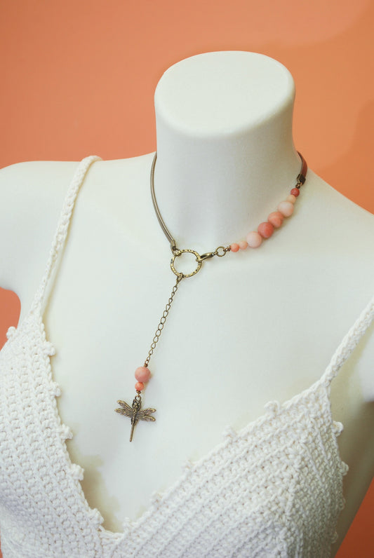 Lariat Bib necklace, Aventurine pink stone leather choker, dragonfly bohemian jewelry, Estibela, Beach style