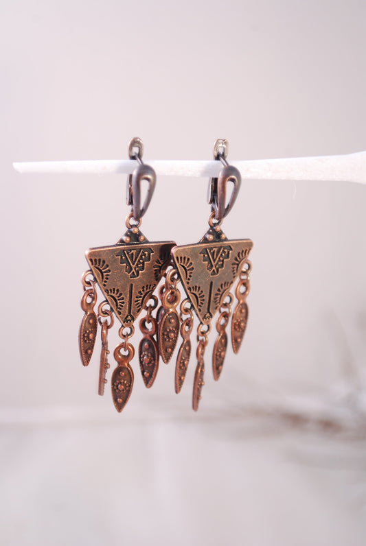 Estibela Triangle Boho Earrings - Stylish Gypsy Festival Accessories with Bronze Hoops and Coin Accents, 6cm Length