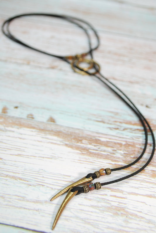 Sexy Festival Wrap Necklace, Long Rustic Black Faux Leather Choker, 2 Rings Necklace,  Gift For Here