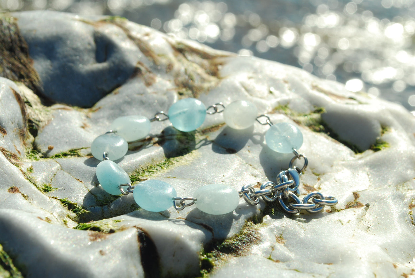 Aquamarine stone bracelet, Adjustible light blue bracelet, Summer beach outfit, Stainless steel