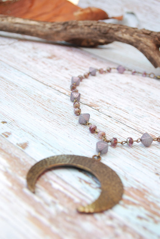 Festival-Inspired Heavy Big Bronze Moon Pendant Necklace, andcrafted Stylish Purple Lilac Beaded Hippie Necklace 50 cm, 20"