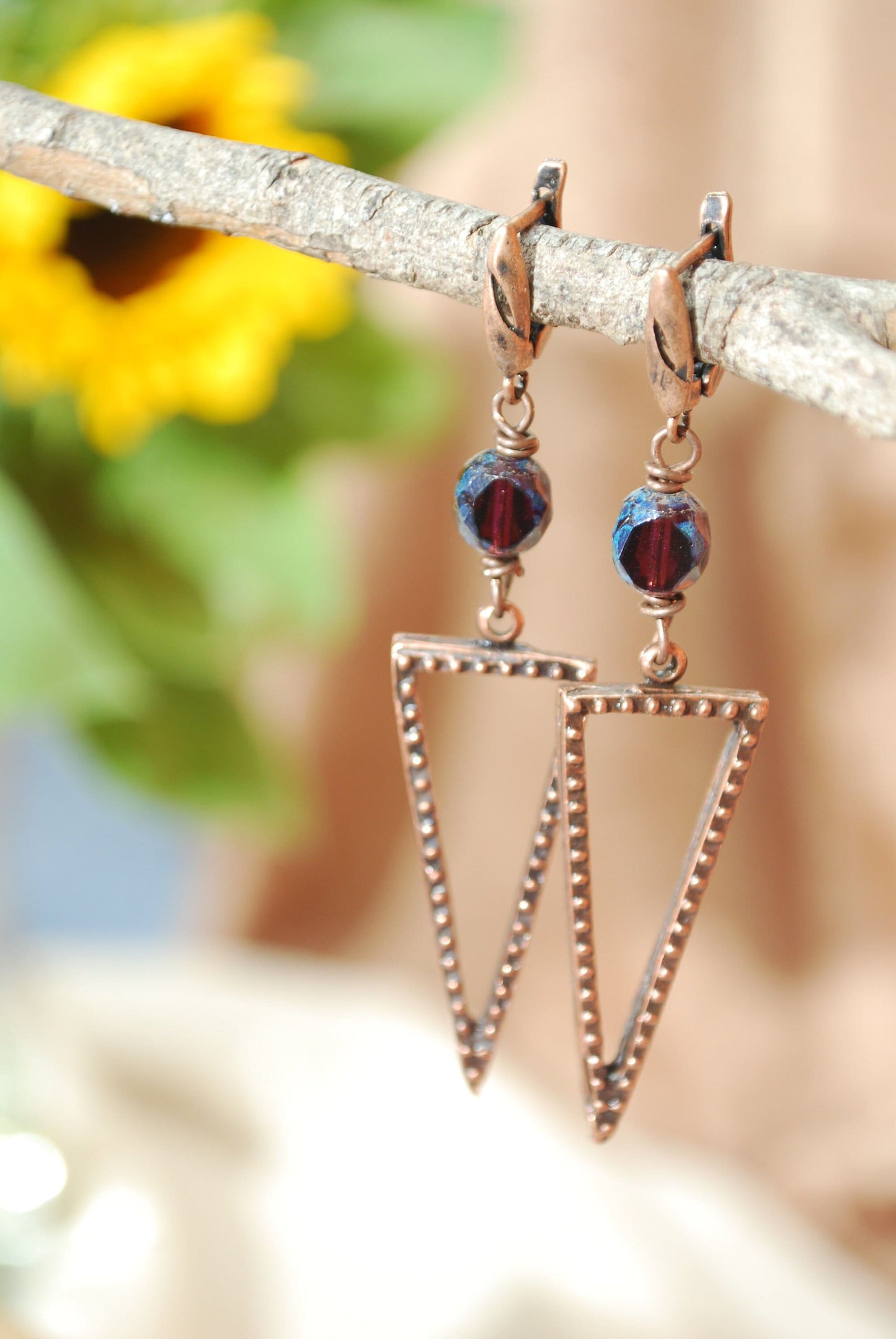 Handcrafted Boho Copper Earrings with Czech Glass Beads: Unique Artisan Jewelry for Bohemian Fashion Statement!  7.5cm - 3". Estibela design