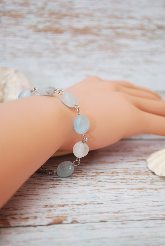 Aquamarine stone bracelet, Adjustible light blue bracelet, Summer beach outfit, Stainless steel