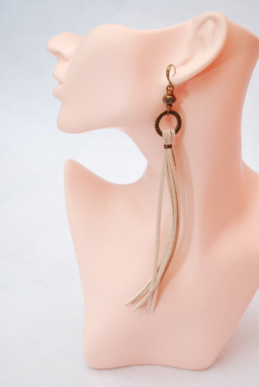 Extra Long Beige Leather Earrings: Simple, Classic Fringe Design, Lightweight, Genuine Leather, Perfect for Beach Weddings & Boho Outfits