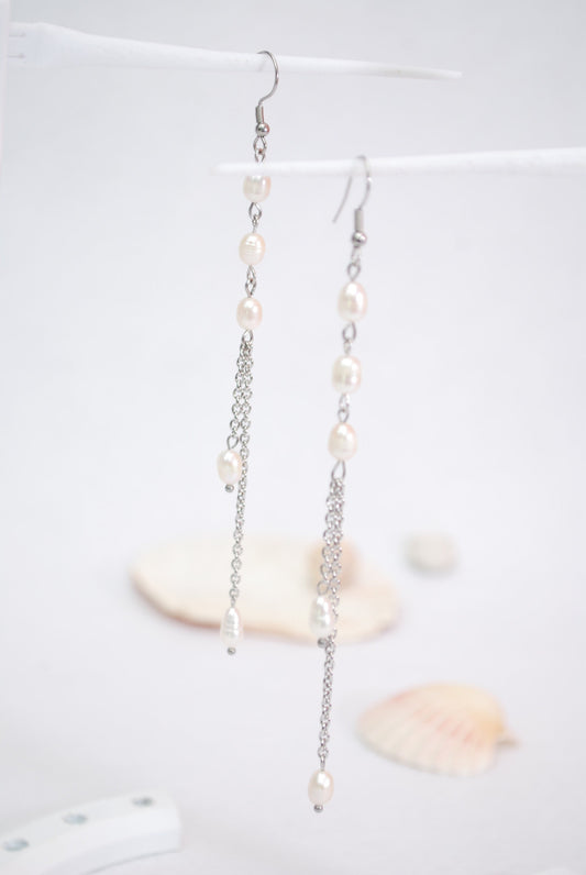 Long chain earrings, silver stainless steel earrings,  freshwater pearl & shell earrings, 12.5cm - 5"