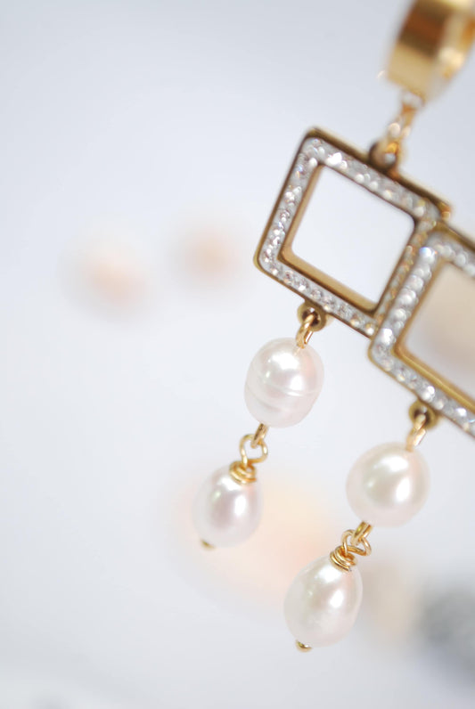 Square Pearl Earrings - Handmade Gold Stainless Steel Hoop Earrings with Freshwater Pearls, 2.5in Length