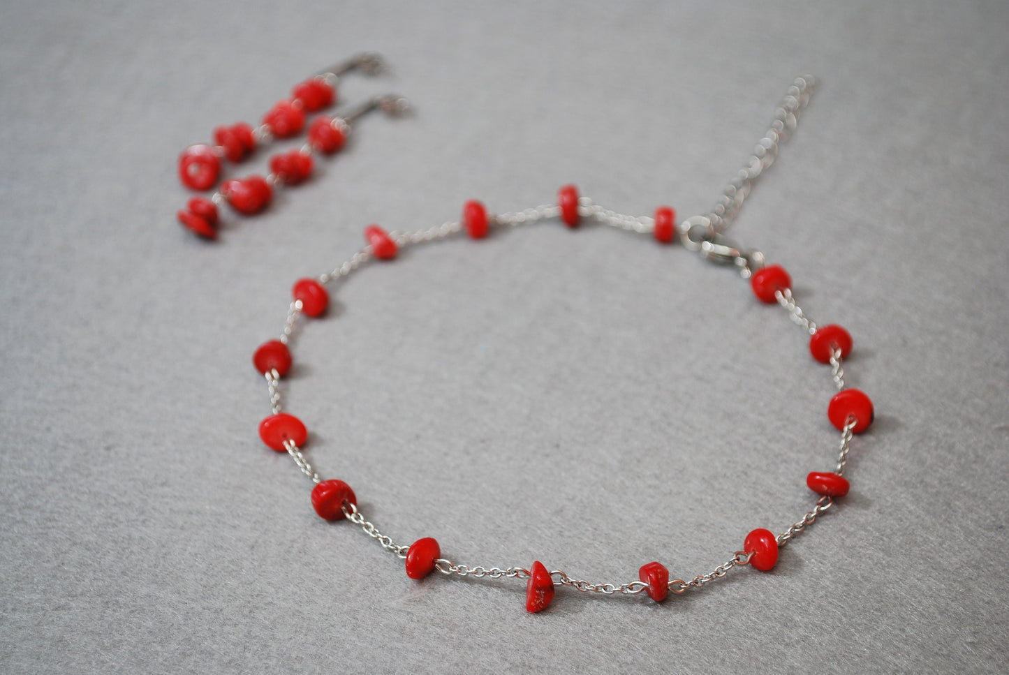 Earrings & Choker set, Red coral stone beaded jewelry, Summer Collection, Birthday party, chain necklace