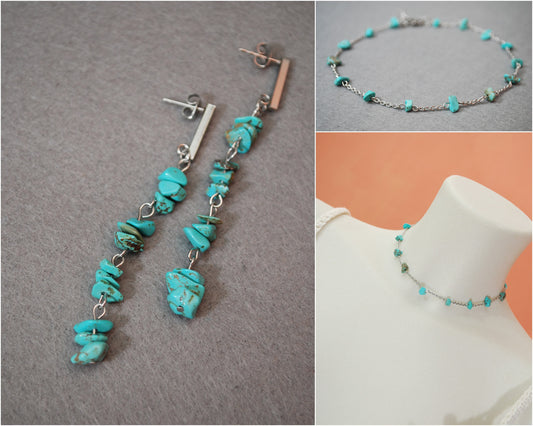 Set earrings & choker, natural irregular turquoise stone beads necklace, stainless steel chain, vintage style