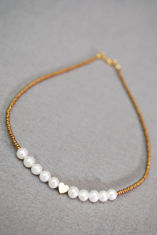 Freshwater Pearls Bead Necklace with Gold Seed Beads, Minimalist Choker and Heart Charm - Handcrafted Valentine's Day Special, 37cm - 14.5"