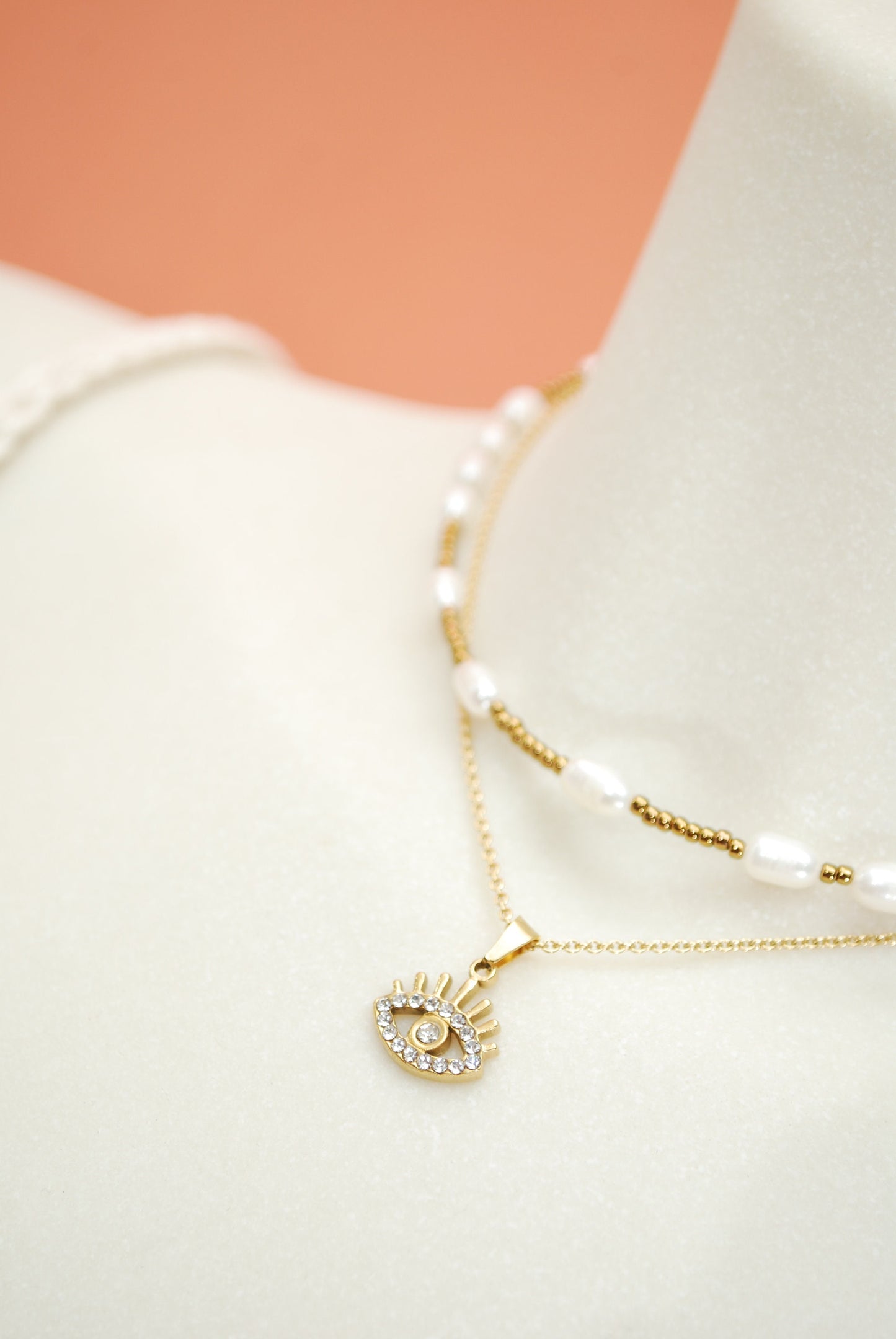 Set of 2 necklace, Freshwater gold choker, stainless steel chain, eye pendant, y2k style, trendy set, Estibela