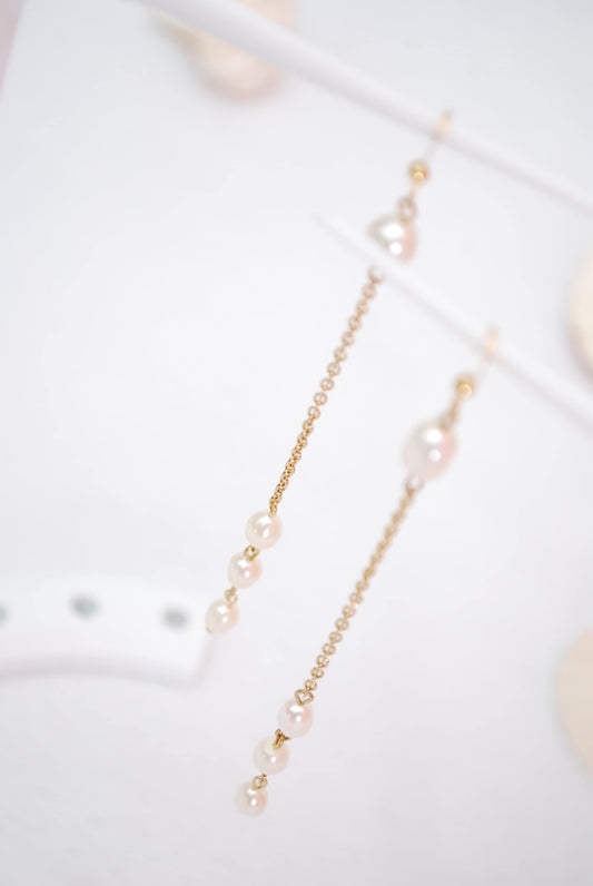 Rustic Bohemian-Inspired Long Pearl Earrings, Delicate Elegant Cascade of Freshwater Pearls on Gold-Plated Stainless Steel, 11cm - 4.3"