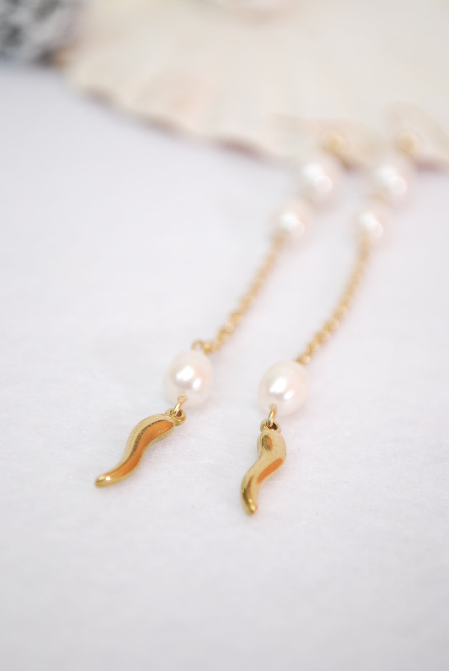 Ascetic Rustic Bohemian Earrings with Freshwater Pearls and Gold Plated Stainless Steel - 4 Inches Long
