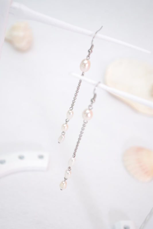 Radiant Bohemian Elegance: Long Chain Dangle Pearl Earrings in Stainless Steel - Perfect for Bridesmaids and Everyday Wear, 10cm - 4"