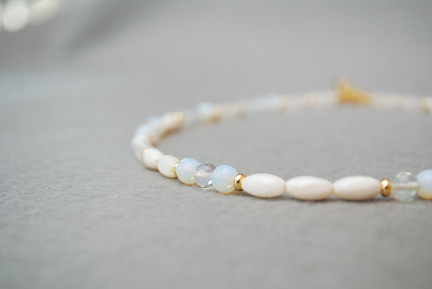 Opaline, Nacre & Quartz Beaded Gold Necklace - Elegant Handmade Wedding Jewelry with White Stones, 15in Length (+2" Extender)