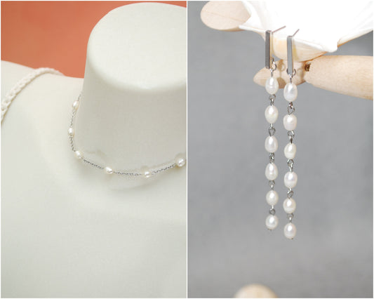 Freshwater Pearl Set of Choker & Earrings with Stainless Steel Chain, Long Pearl Earrings, Beaded Choker, Elegant Summer Style