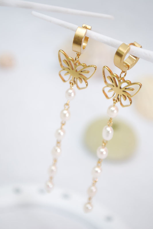 Long butterfly earrings, freshwater pearl earrings, Boho / Bohemian Chic Style, 10cm - 4"