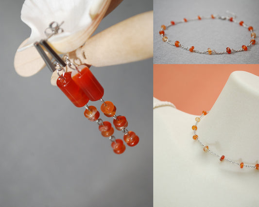 Set earrings & choker, natural irregular  agate stone beads necklace, stainless steel chain, vintage style