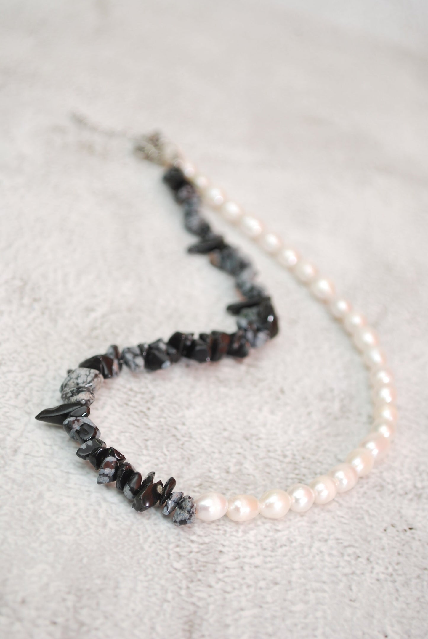 Back and white necklace, half freshwater pearl & half black stone beads choker necklace, 46cm 18"