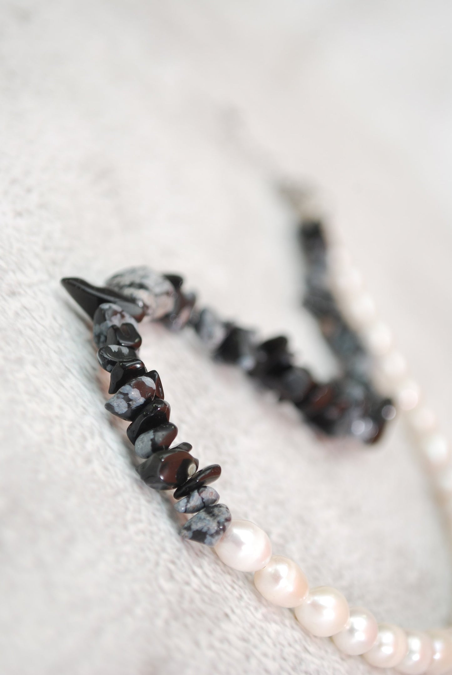 Back and white necklace, half freshwater pearl & half black stone beads choker necklace, 46cm 18"