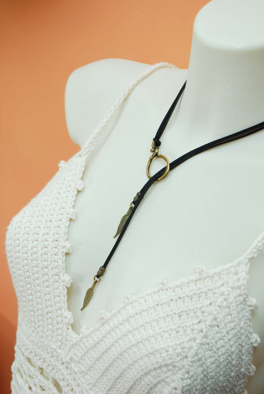 Trendy leather choker, leather and bronze beaded necklace. Bohemian jewelry, leather craft
