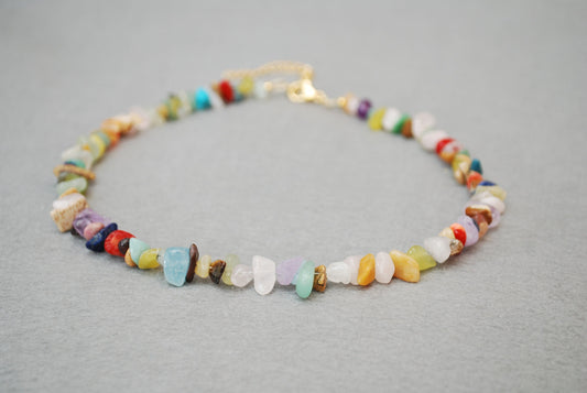 Multicolor mix stone choker, gold stainless steel eye pendant, adjustable necklace,  16" 40cm