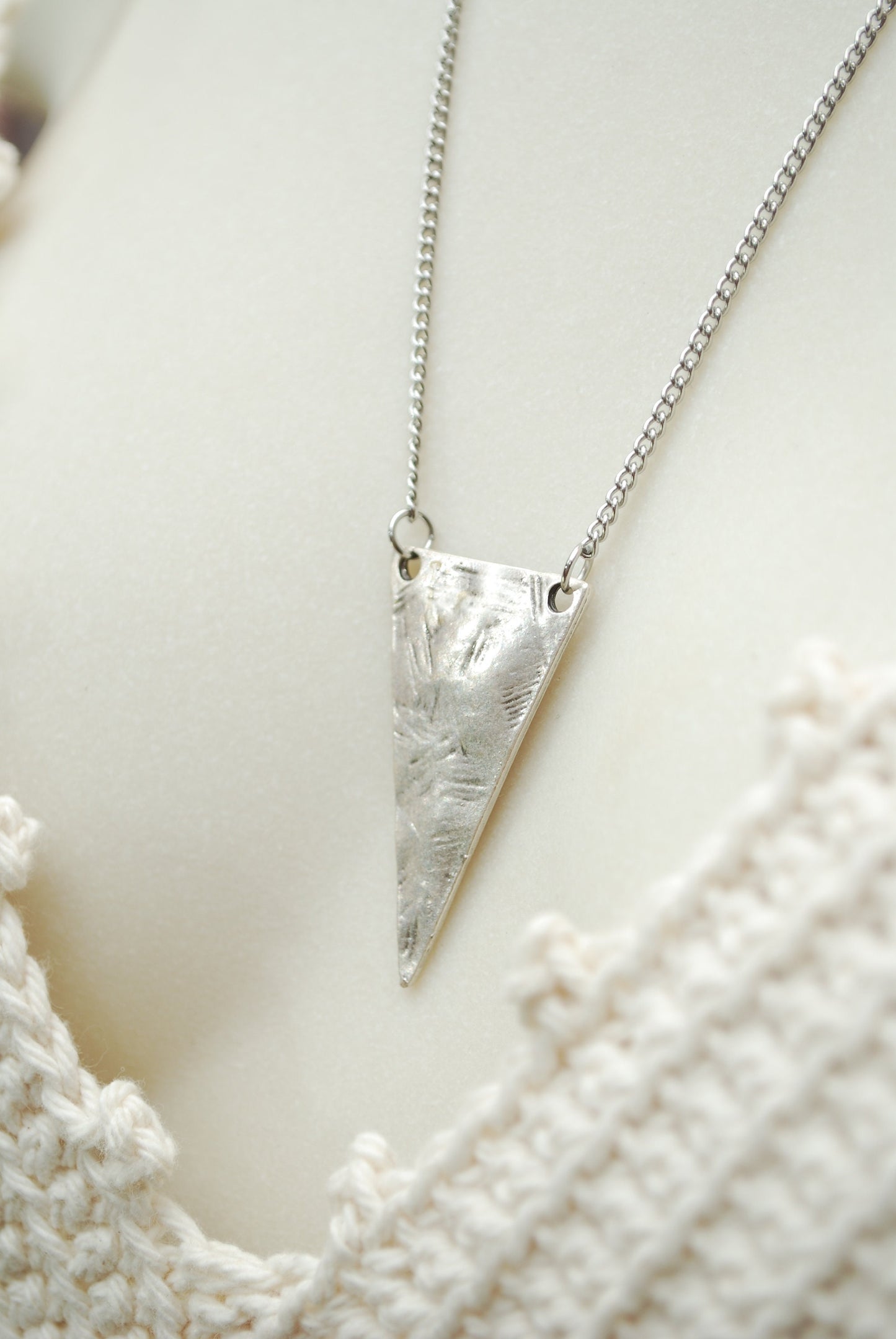 Geometric texture triangle pendant, boho silver stainless steel chain necklace, estibela design