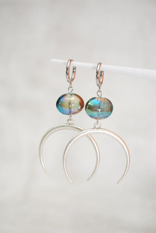 Large half moon earrings, big oval glass earrings, stainless steel hook, party jewelry, 6.5cm 2.5"