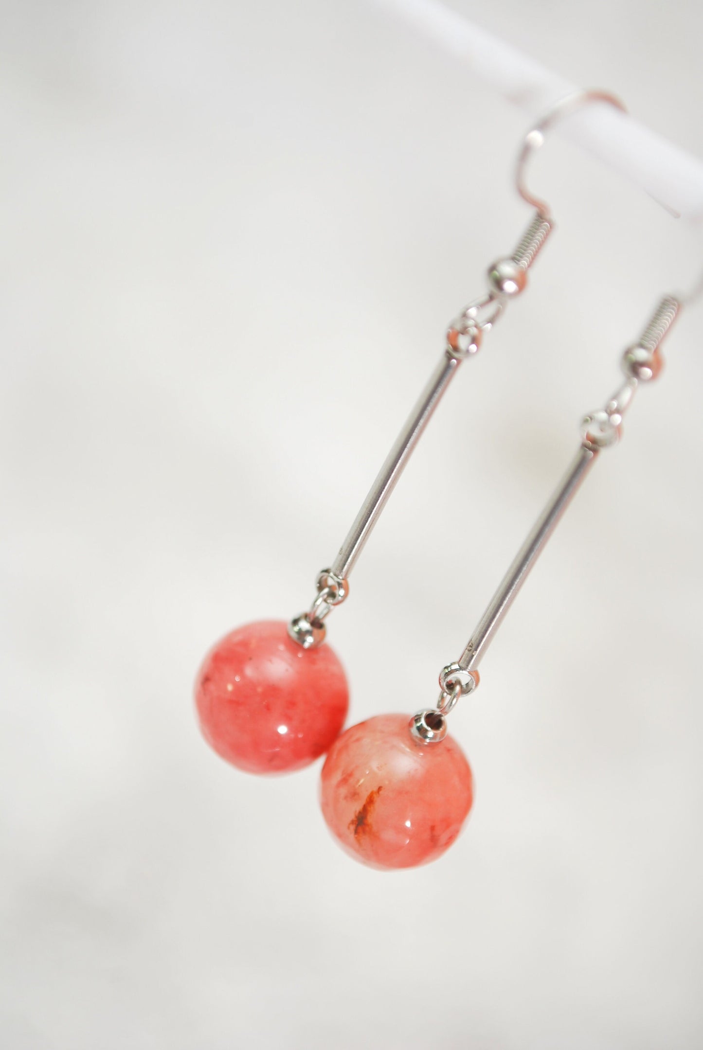 Estibela's Big Agate Stone Pink Beaded Earrings - Lightweight Stainless Steel Earrings for Boho Chic Style,  6cm 2.5 inches