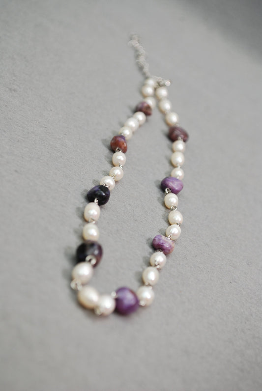 Purple Charoite and Freshwater Pearl Necklace - Handmade High-Quality Elegant Jewelry - Original Estibela Creation 45cm - 18"