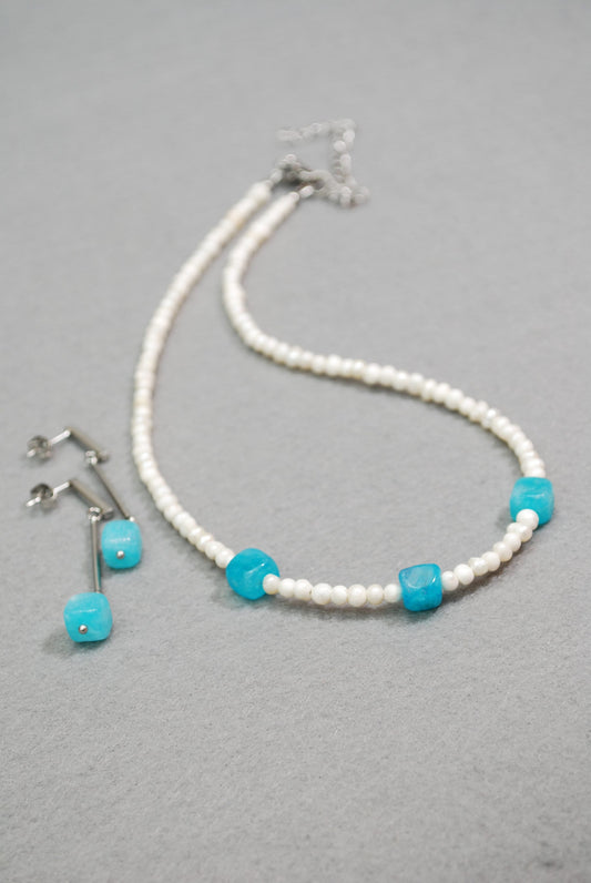 Freshwater Pearl and Angle Stone Beads Set: Elegant Necklace and Earrings with Stick Pearls, Stainless Steel, and Blue Stone Cube Beads