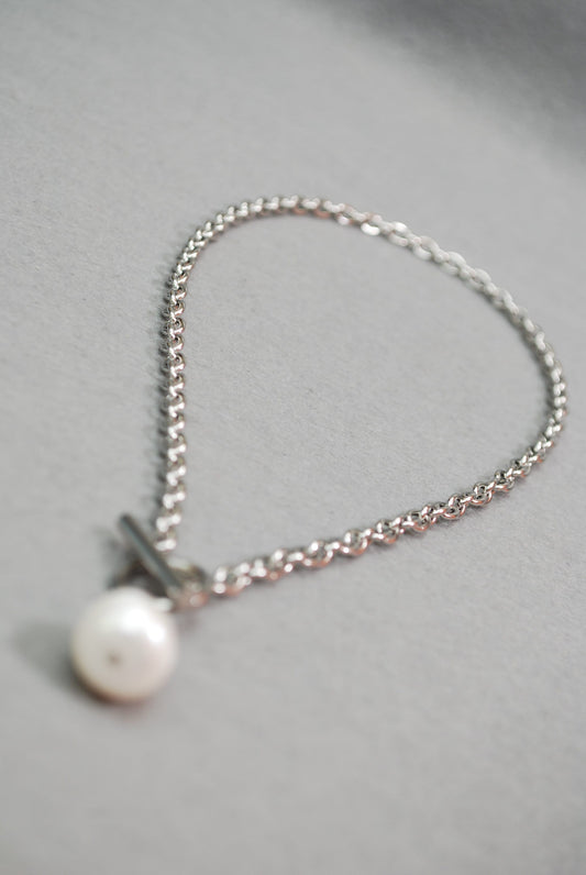 Freshwater pearl charm on modern stainless steel necklace, 45cm - 18"