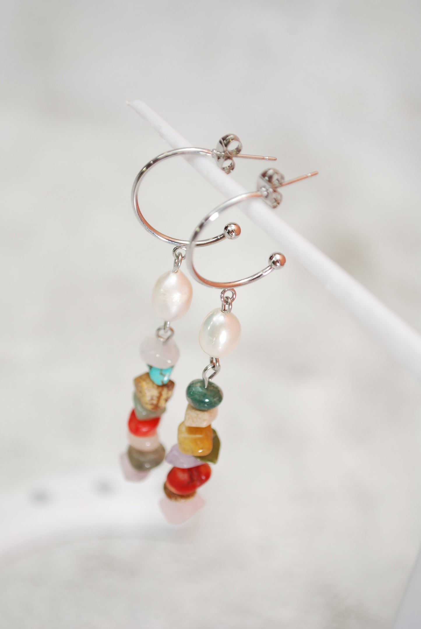 Multicolor stone beaded earrings, freshwater pearl earrings, boho Dangles, Chic Jewelry. 7.5cm 3"