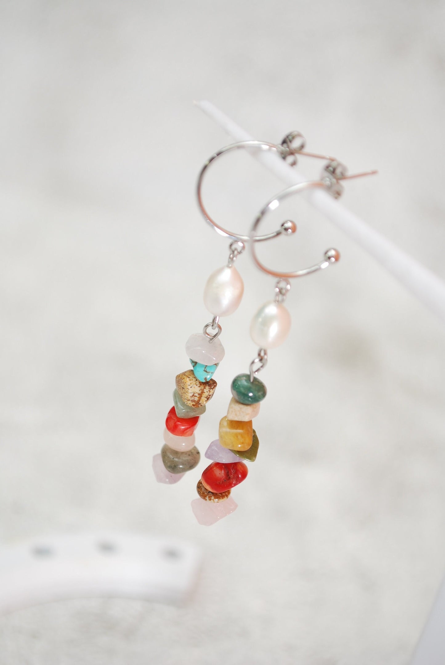 Multicolor stone beaded earrings, freshwater pearl earrings, boho Dangles, Chic Jewelry. 7.5cm 3"