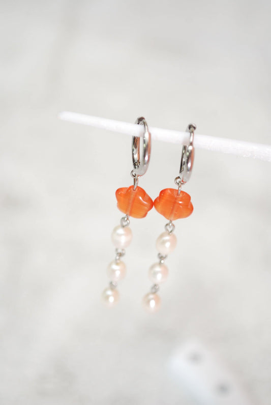 Handmade Long Cat's Eye Stone Orange Flower Beads Earrings with Freshwater Pearls for Boho and Beachy Summer Style