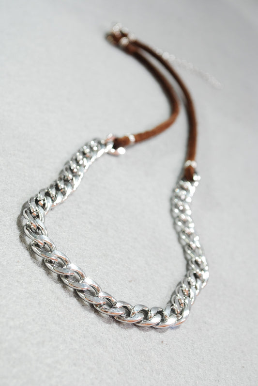 Chunky chain necklace, Large chain & leather cord necklace, casual retro style, artsy necklace,  49cm 19"