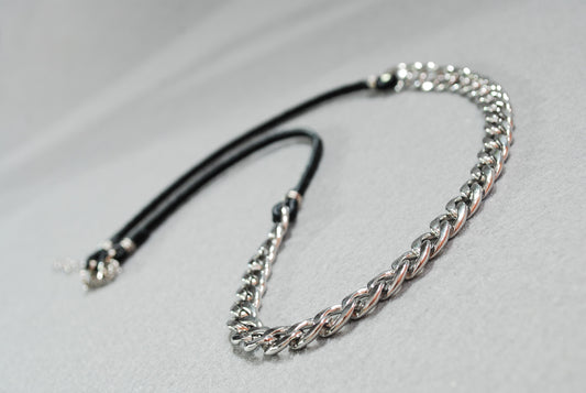 Chunky Chain & Black Leather Cord Necklace from Estibela. 53cm 21"