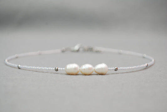 White seed beads choker, Freshwater pearl necklace, Stainless steel choker,  estibela design, handmade choker