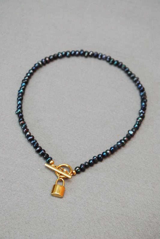 Dark Blue Irregular Freshwater Pearl Beaded Necklace, Stainless Steel Golden Plated Lock Choker, 39cm 15 1/3"