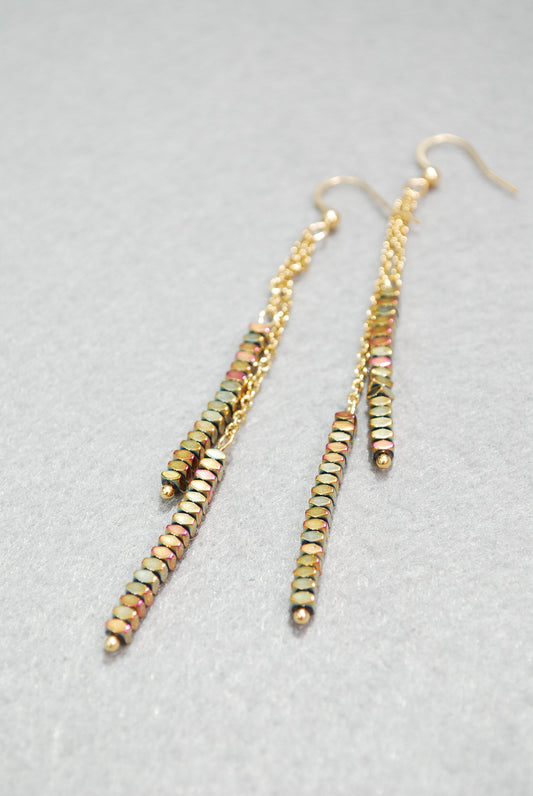 Long gold chain & hematite іstone beaded earrings, old look, Gold-tone stainless steel earrings, summer festival earrings 3 1/2" 9cm