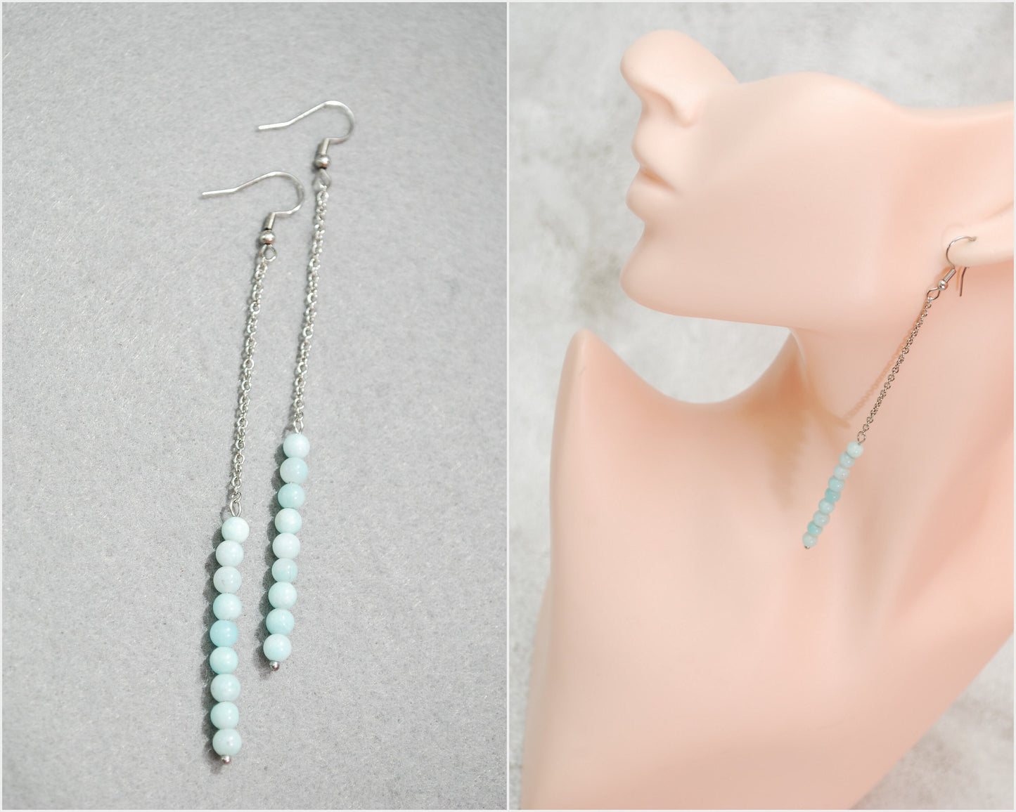 Amazonite extra long chain earrings, light blue beaded earrings, delicate sexy jewelry, Estibela 11cm - 4 1/3"