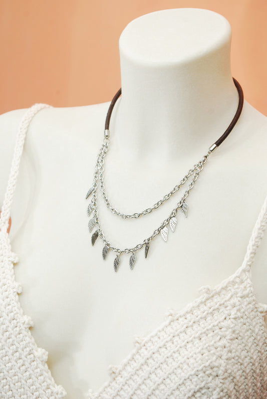 Multiple layer necklace, Feather chain nekclace, stailess steel & natural leather cord neckalce,  45cm - 18"