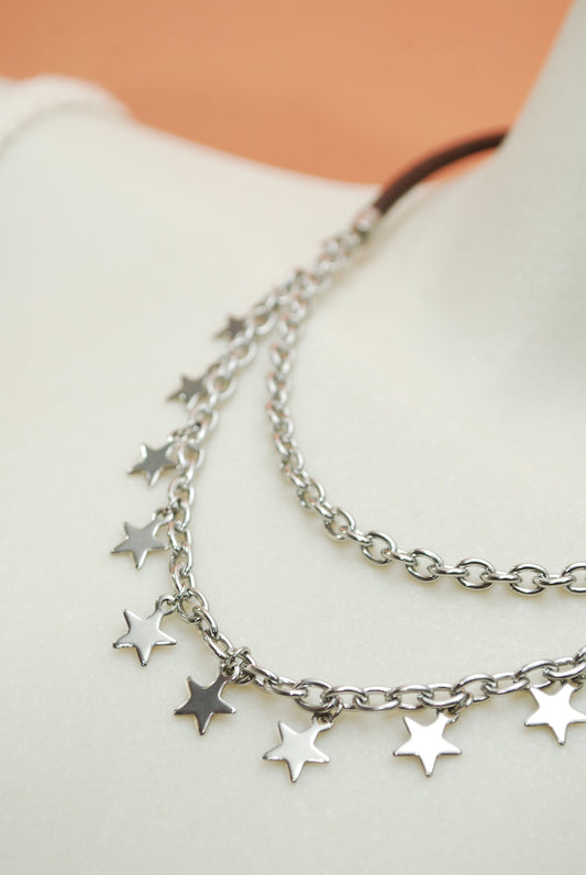 Multiple layer necklace, Star chain nekclace, stailess steel & natural leather cord neckalce,  43cm - 17"