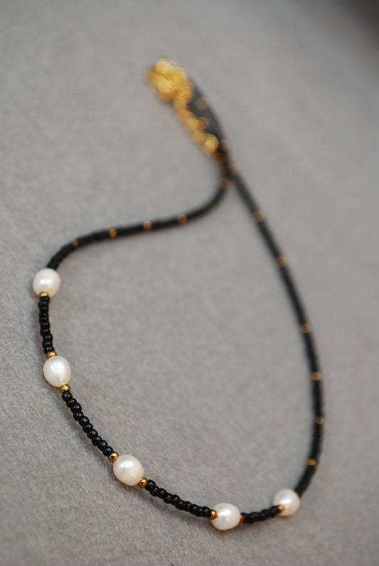 Black seed beads & freshwater pearl golden plated necklace, minimalist jewelry, tiny necklace, 43cm - 17"