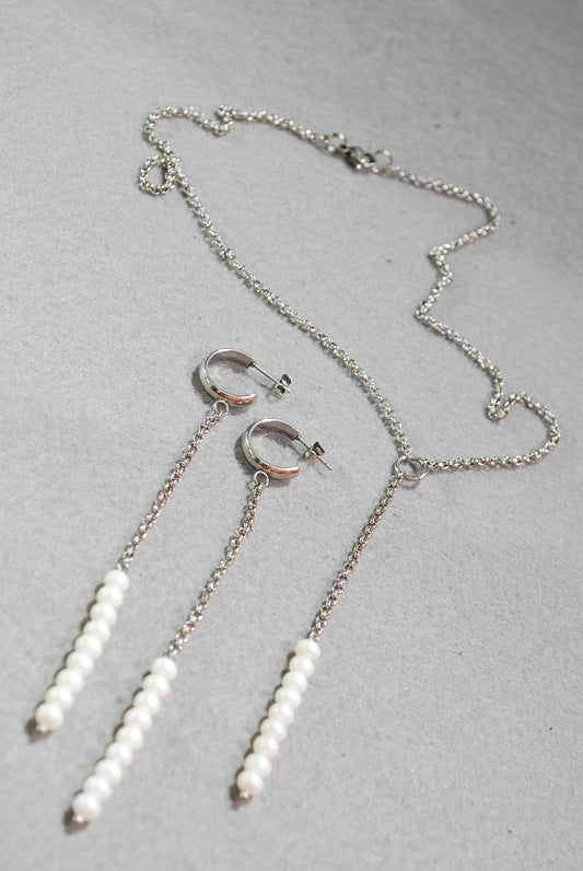 Earrings & Y Necklace Set, Small Dalicate pearl jewelry, Long chain earrings, Stainless stel, Estibela design