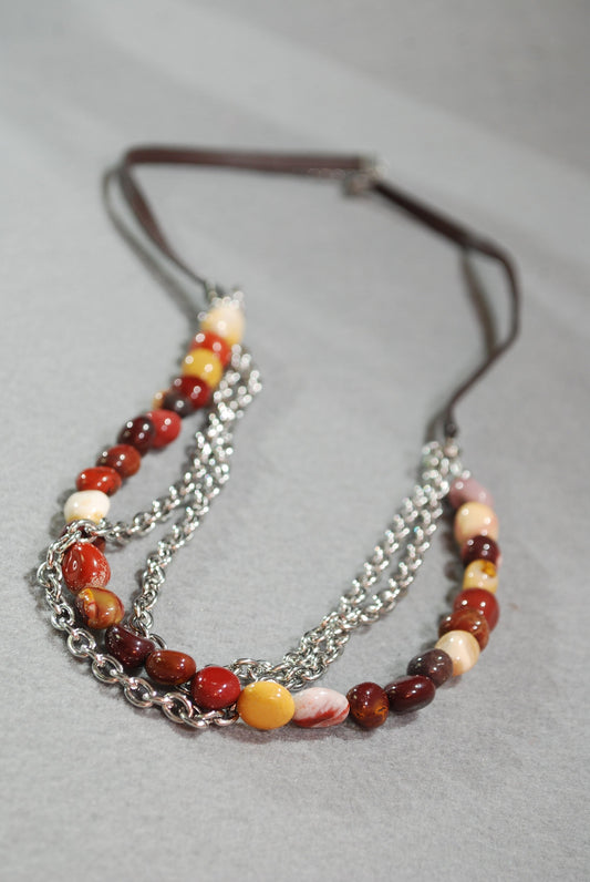 Big massive mookaite stone necklace, Leather cord & large stainless steel chain 59cm 23"