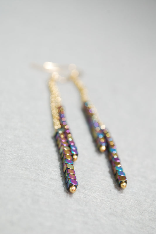 Long gold chain & hematite beaded earrings, old look,  festival earrings, handcrafted,  3 1/3" 8cm