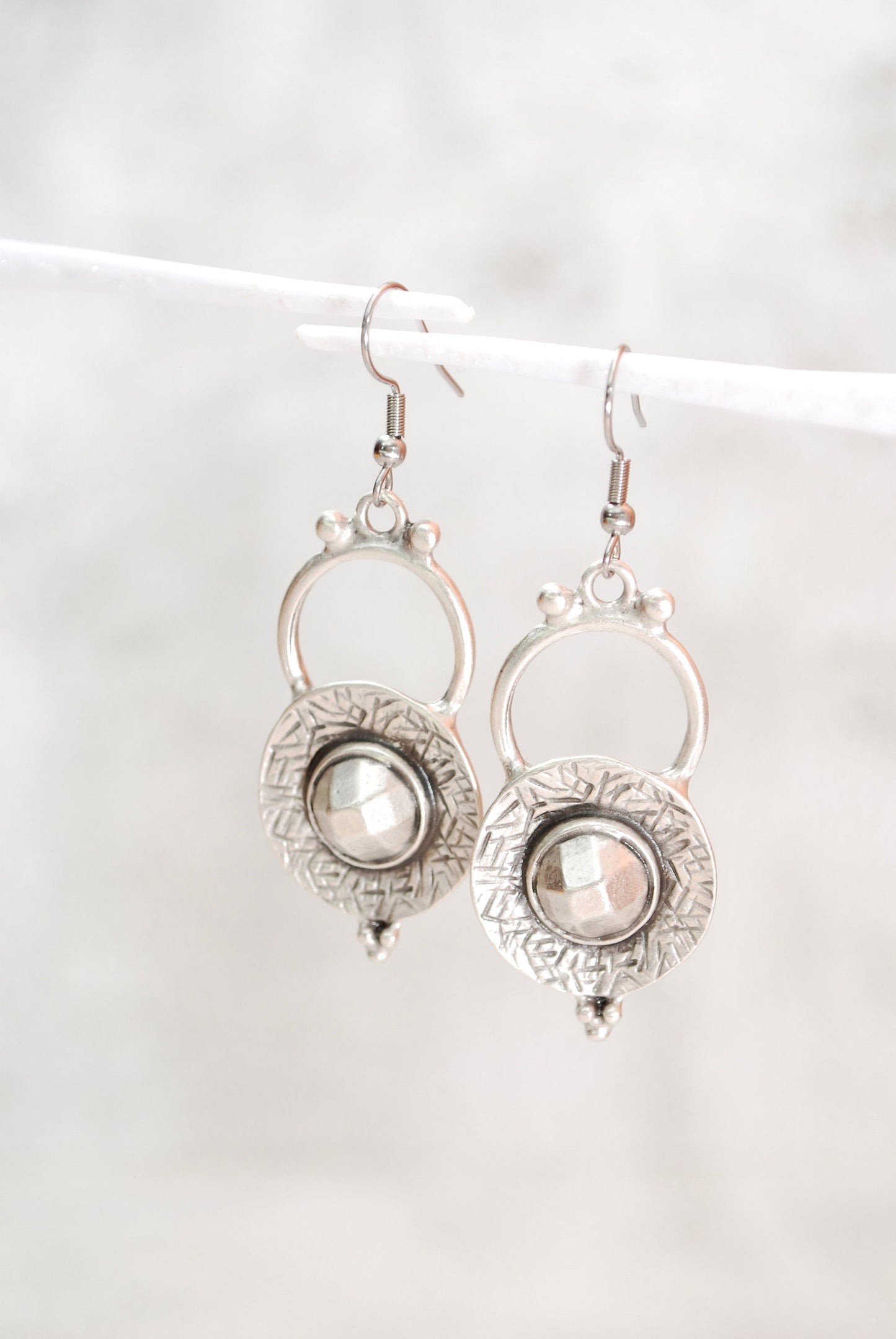Tribal abstract silver tone  earrings, round chunky earrings, Dangling Bohemian Earrings,  2 1/3 "6cm