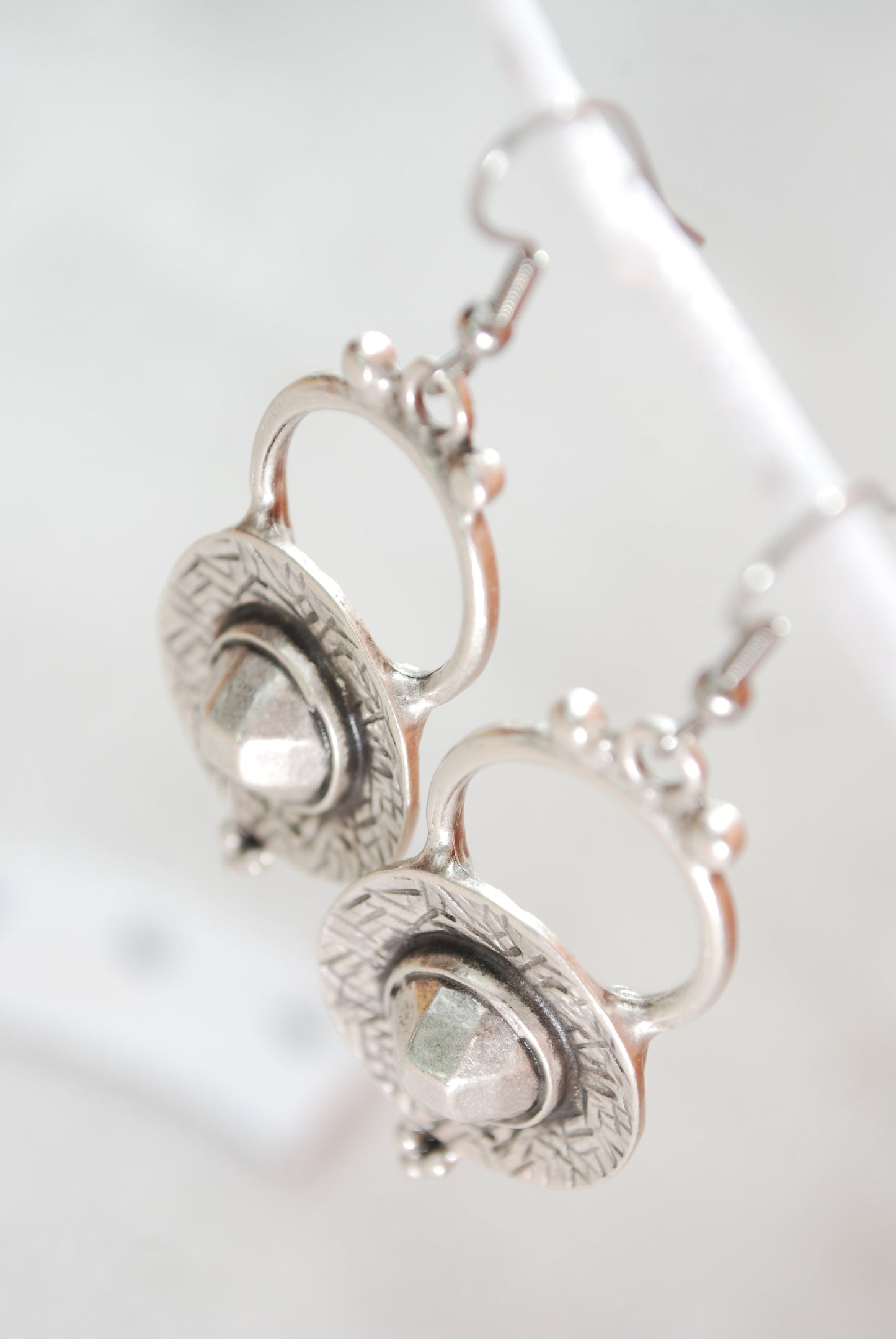 Tribal abstract silver tone  earrings, round chunky earrings, Dangling Bohemian Earrings,  2 1/3 "6cm